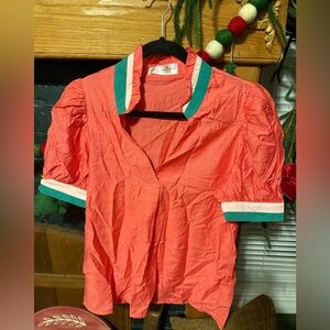 Vibrant Coral Blouse with Green Trim